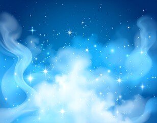 A dreamy illustration of a celestial scene, with fluffy clouds, glittering stars, and a gradient of blue hues