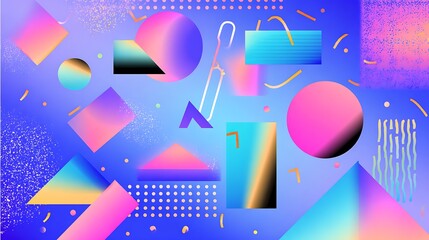 Vibrant geometric shapes with neon gradient and retro patterns
