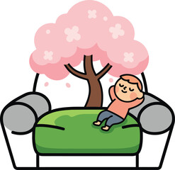 Mindfulness Child Sticker | Relaxing Boy on Green Sofa with Cherry Blossom Tree | Vector