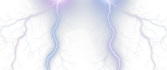 Electric arcs with a gradient of purple and blue colors emanating from the center on a light transparent background and plain white background