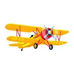 Vintage Yellow Biplane Illustration with Red Propeller