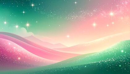 A dreamy landscape depicts rolling hills bathed in pastel colors, shimmering starlight scattered across a gradient sky