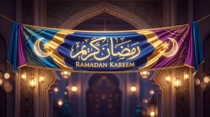 Elegant Ramadan Kareem banner design featuring ornate golden Arabic calligraphy and crescent moon motifs, beautifully illuminated for festive celebrations during the holy month