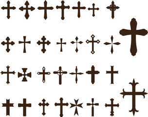 Fototapeta premium Large collection set of various Christian cross silhouettes and crucifix icons representing faith, spirituality, and religion in vector format design.