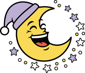 Happy Moon Sticker | Laughing Crescent Character with Nightcap | Kids Nursery Vector