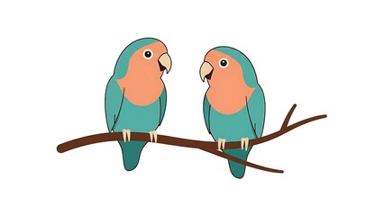 Two Lovebirds Perched on a Branch Against a White Background.