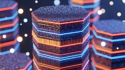 Hexagonal Data Server Rack Cyberpunk System Glowing Digital Network Structure