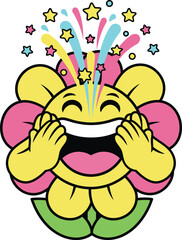Joyful Flower Sticker | Happy Cartoon Character with Bursting Stars | Kids Vector