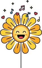 Happy Flower Sticker | Cute Smiling Sunflower with Music Notes and Hearts | Kids Vector
