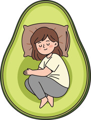 Avocado Sleep Illustration | Cute Girl Resting in Green Fruit | Wellness Design Vector
