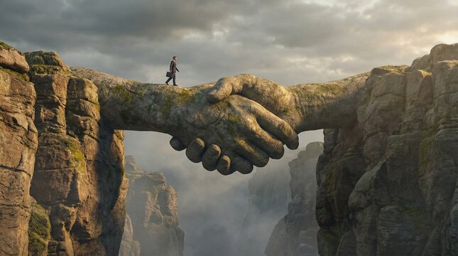 Giant stone hands clasping together over canyon forming a bridge for businessman, partnership and trust concept 3D illustration