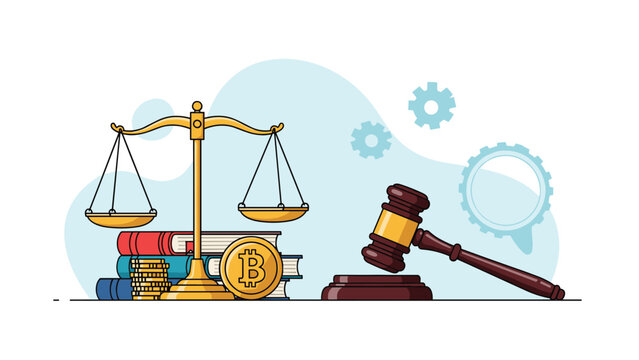 Legal justice concept featuring scales of justice, law books, a wooden gavel, and a bitcoin coin illustrating cryptocurrency regulations.