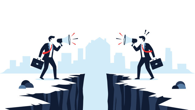 Two businessmen standing on opposite sides of a deep chasm using megaphones to communicate over a city skyline background.