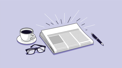 Morning news scene with a newspaper, a cup of coffee, a pen, and eyeglasses on a purple background representing daily routines and staying informed.