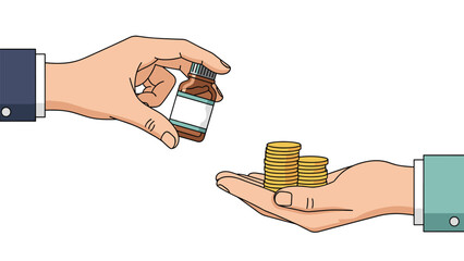Transaction showing a hand holding a bottle of medicine being exchanged for a pile of gold coins representing healthcare costs and pharmaceutical trade.