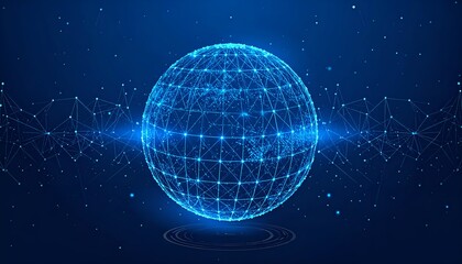 A glowing wireframe globe surrounded by connected dots and lines, set against a blue backdrop