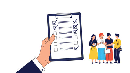 Hand holding a clipboard with a long checklist next to a group of young diverse people representing recruitment and human resources management.