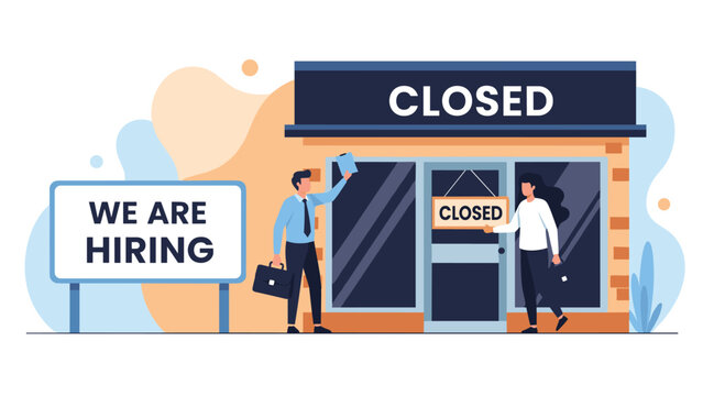 Storefront with closed signs and a we are hiring billboard representing the paradox of labor shortages and business shutdowns in the modern economy.