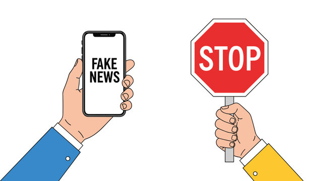 Visual representation of stopping misinformation showing a smartphone with fake news and a hand holding a red stop sign to promote media literacy.