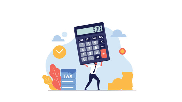 Small businessman struggling to carry a giant calculator next to a tax document representing the heavy burden of financial accounting and taxation.