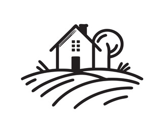 Line sketch of landscape, vector design with element for agriculture fields and house