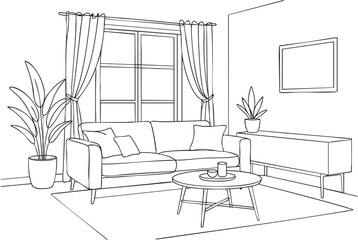 Sketch line interior with sofa, plan and table