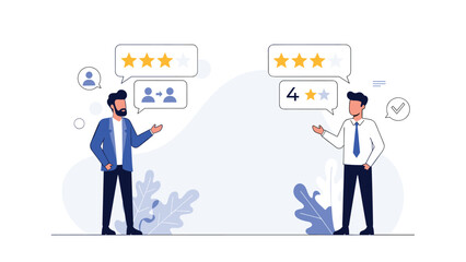 Fototapeta premium Two businessmen discuss performance while speech bubbles show three and four star ratings and profile icons for employee evaluation.