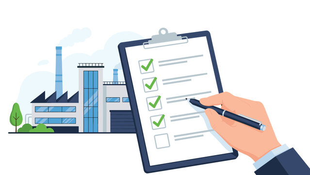 Person checks off items on a large clipboard with a pen in front of an industrial factory building symbolizing compliance and audit.