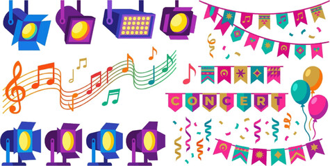 Naklejka premium Colorful DJ and music equipment icon set featuring stage lights, speakers, musical notes and festive decorations