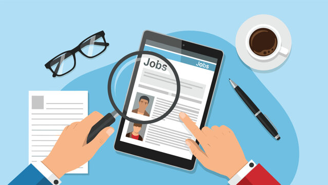 Person uses a magnifying glass to inspect candidate profiles on a digital tablet while drinking coffee to represent the modern recruitment process.