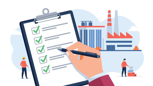 Industrial worker uses a pen to check off items on a clipboard with a large factory building in the background to show quality control and safety.