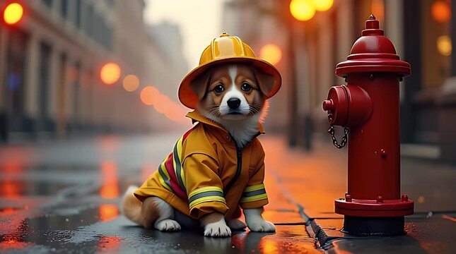 A small puppy dressed as a firefighter sitting beside a fire hydrant on a wet street, dramatic lighting, shallow depth of field, symbolizing responsibility, protection, and courage in unexpected place