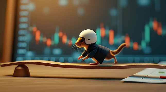 A small animal wearing a business suit and helmet standing carefully on a narrow balance beam above abstract financial charts, cinematic lighting, shallow depth of field, symbolizing risk management a