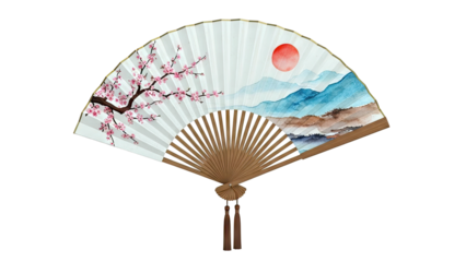 Hand Fan with Cherry Blossoms and Mountain Landscape