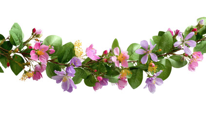 Floral garland with pink and purple blossoms, green leaves