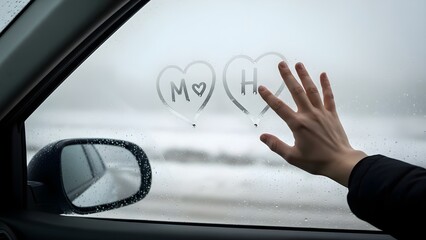 Young person draws two connected heart symbols with initials m and h on a steamy car window while traveling on a cold day