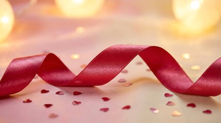 Red ribbon lies on pink surface with heart confetti and lights