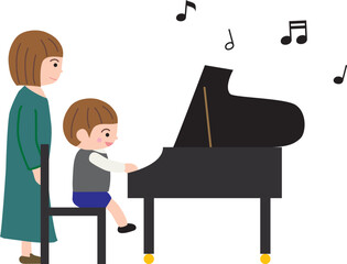 ピアノを弾く男の子と先生と音符