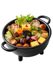 Stewpot filled with savory medley of meat, veggies, tofu, and noodles