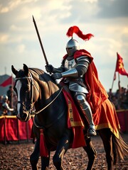 Obraz premium Gallant knight on horseback prepares for jousting tournament, lance, knight
