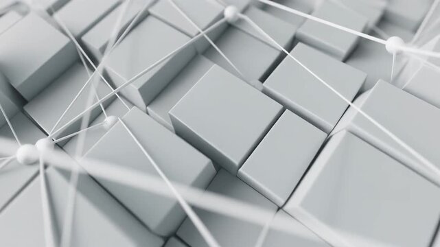 3D abstract grid of interconnected rectangular blocks&mdash;white threads crisscrossing to form digital network on dark background.
