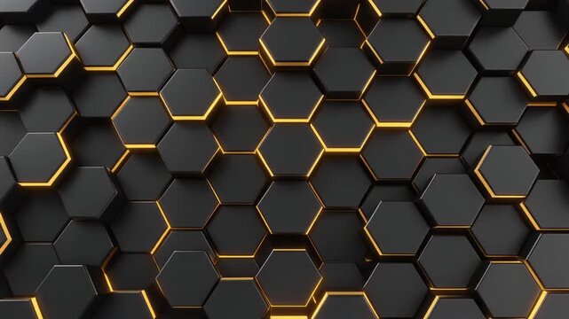 Black hexagonal tiles in honeycomb pattern&mdash;3D raised and recessed effect with glowing yellow edges on dark background.