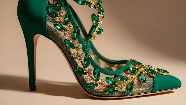 Exquisite emerald green stiletto high heel pump adorned with intricate gold vine detailing and dazzling marquise cut crystal embellishments for formal events.