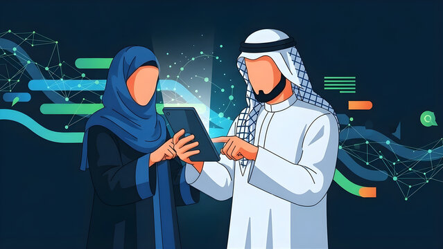 Muslim Business Collaboration with Digital Network Background Illustration