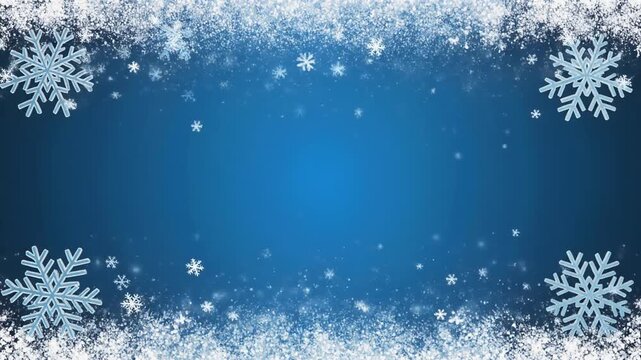 Winter-themed gradient blue background with white snowflake border&mdash;large corner flakes and frosty textures.