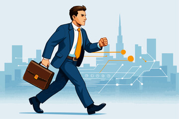 Stylized businessperson walking briskly in tech-inspired cityscape with briefcase"