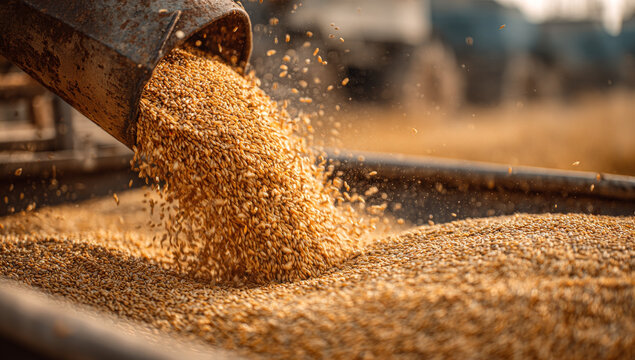 Golden wheat grains pouring from a harvester into a silo, embodying the essence of harvest season and agricultural abundance.