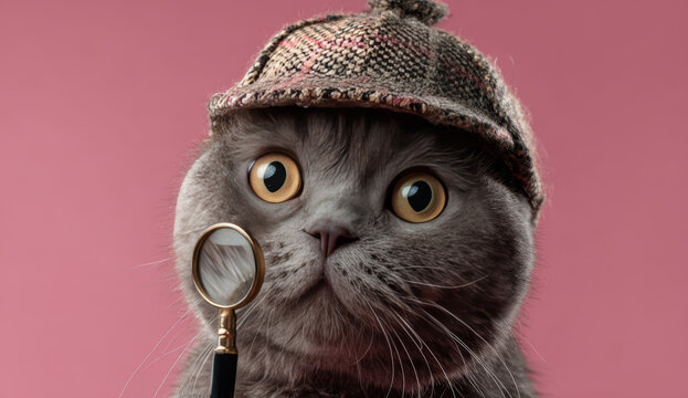 Gray domestic cat wearing a classic deerstalker hat with textured fabric and holding a magnifying glass, showcasing curiosity and detective theme