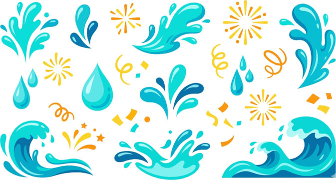 Water droplets splash and wave icon set liquid elements flat design vector illustration