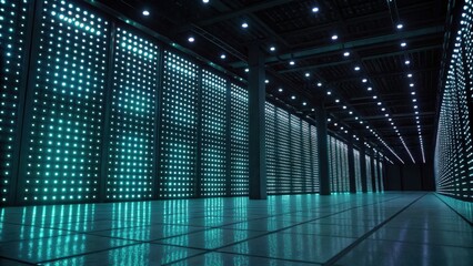 A futuristic data center with illuminated walls showcasing a grid of lights, creating a high-tech atmosphere.
